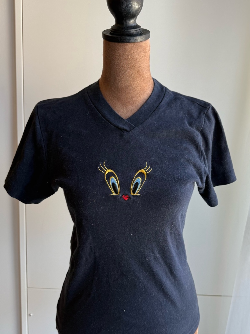 Blue V-Neck Tee with Embroidered Cartoon Eyes - Tweety Bird